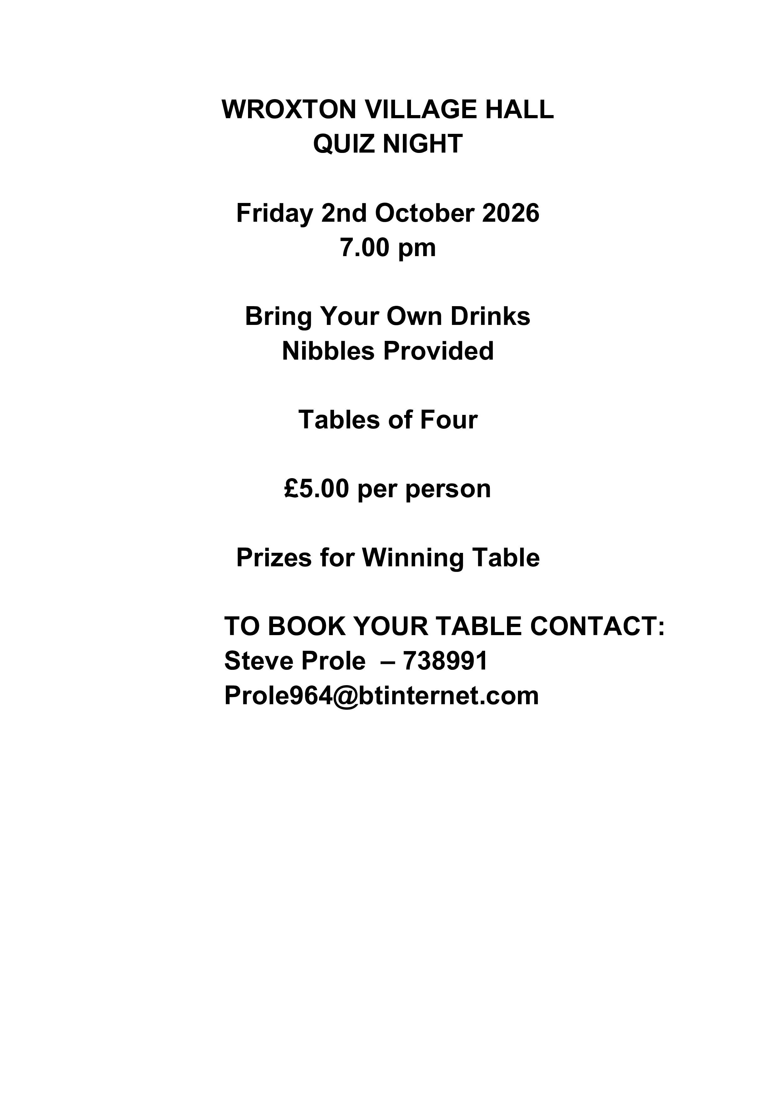 Wroxton Village Hall Quiz Night